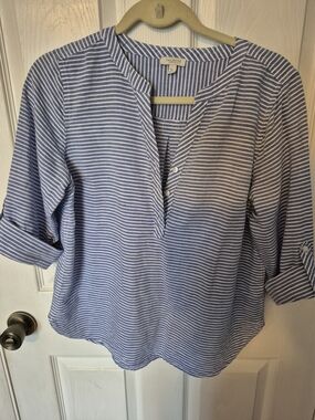 Talbots Blue & White Striped Linen Split V Blouse